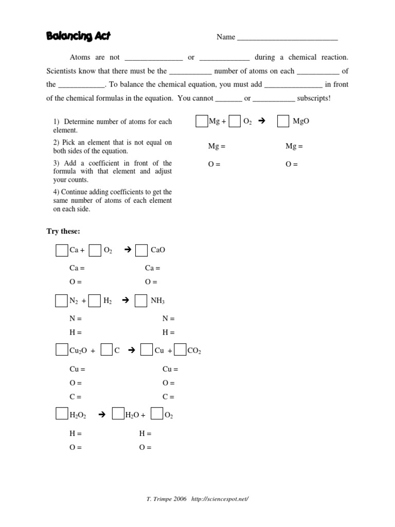 simple balance equation practice worksheet | Chemical ...