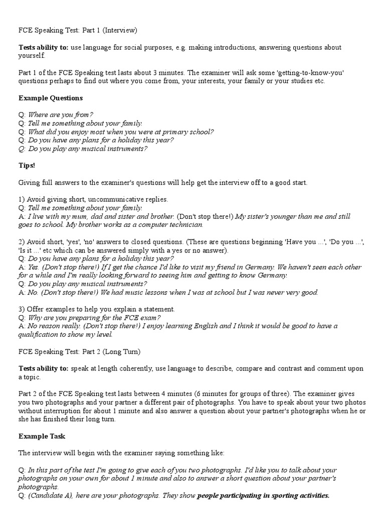 FCE Speaking Test Overview and Tips | PDF