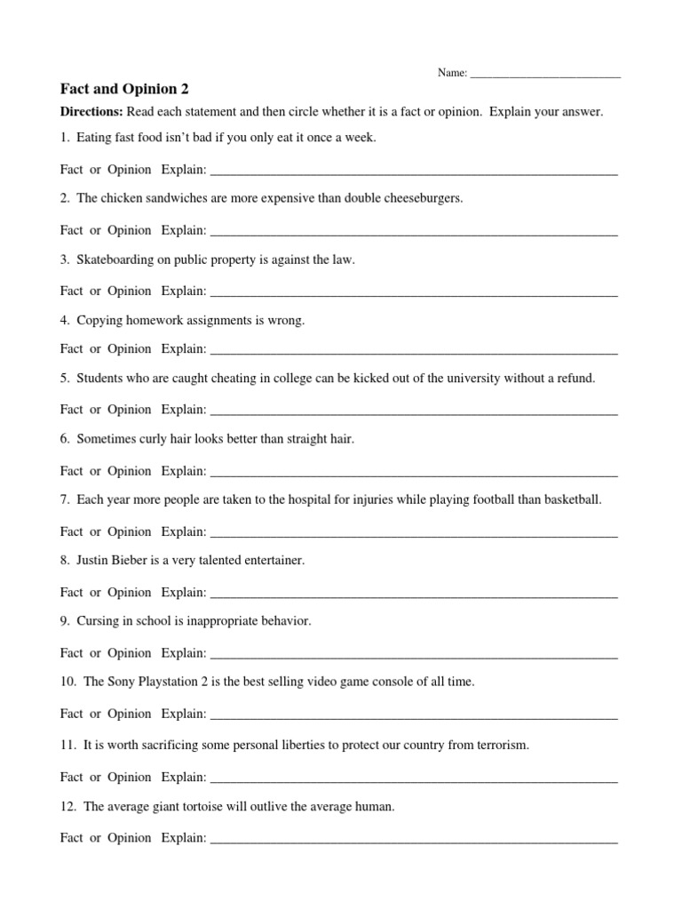 Fact and Opinion Worksheet 2