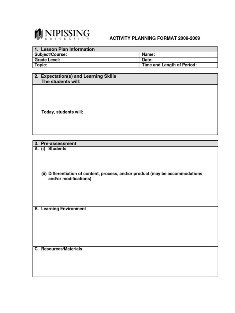 Activity Planning Format Guide 2008-2009 | PDF