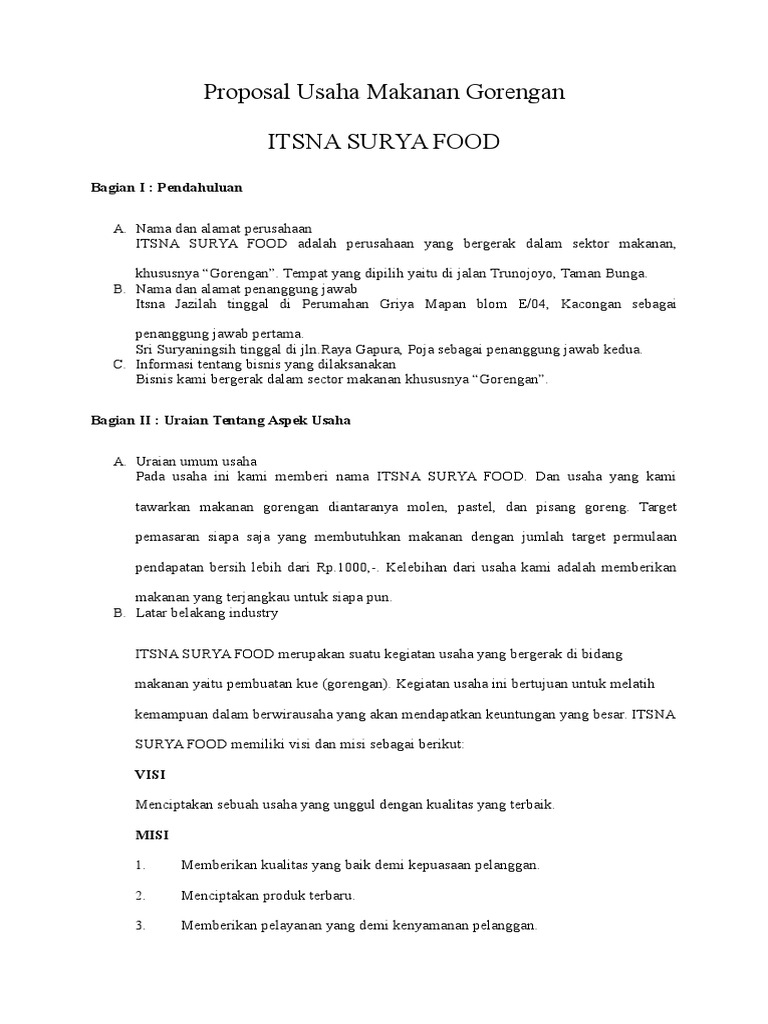 Proposal Usaha Makanan Gorengan