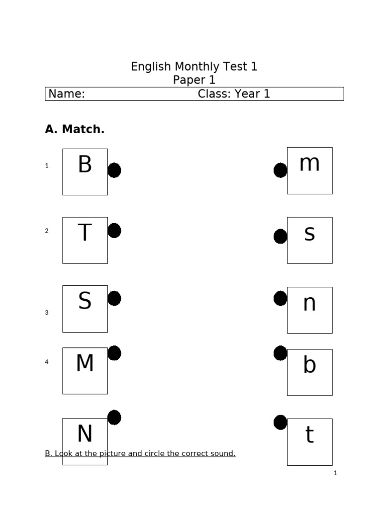 Year 1 English Monthly Test 1 | PDF