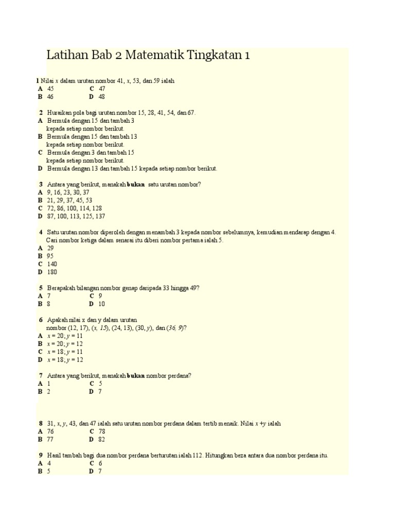 Latihan Bab 2 Matematik Tingkatan 1