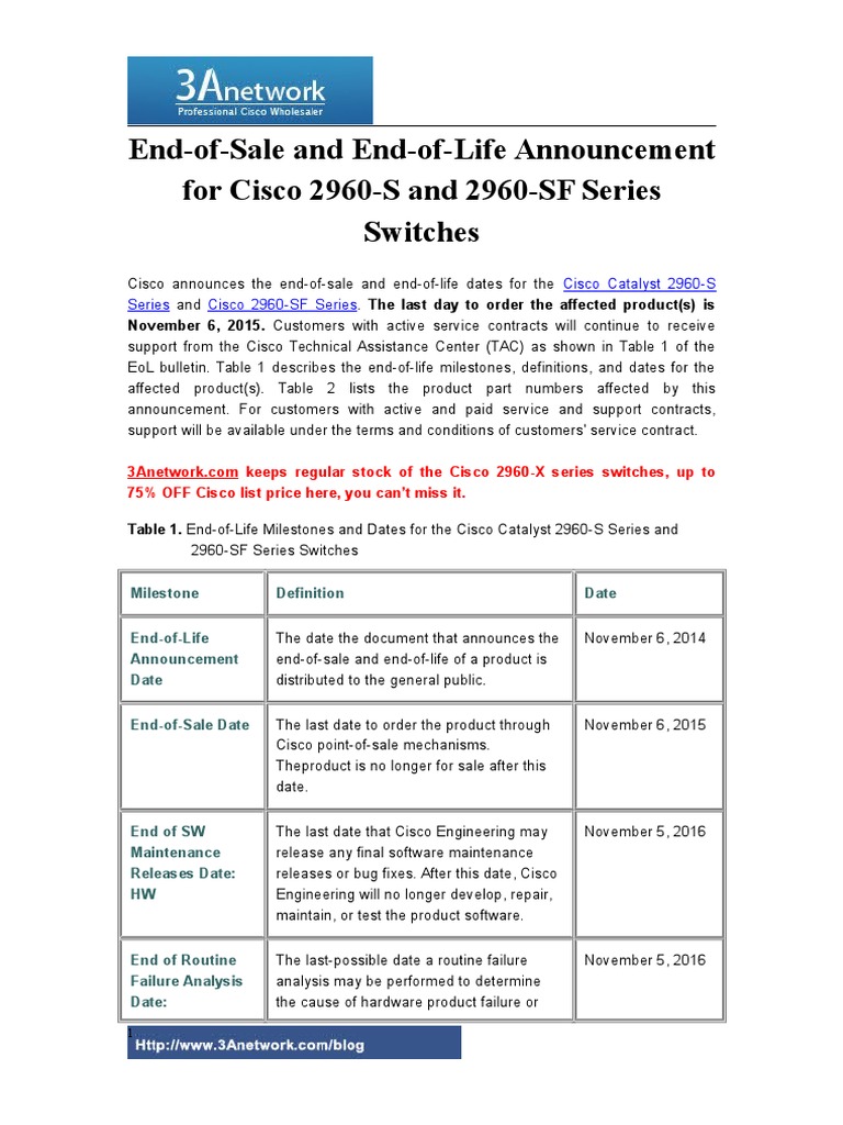 End Of Sale And End Of Life Announcement For Cisco 2960 S And 2960 Sf Series Switches Local Area Network Telecommunications Infrastructure