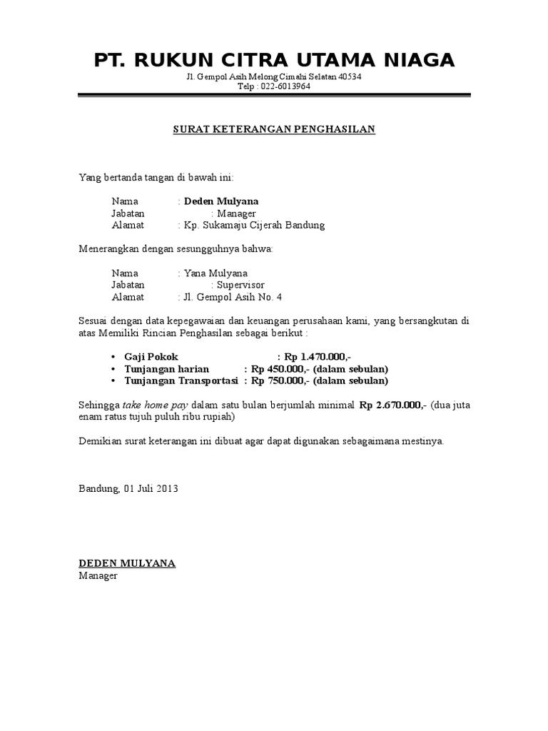 Contoh Surat Keterangan Penghasilan Atau Gaji Karyawan 