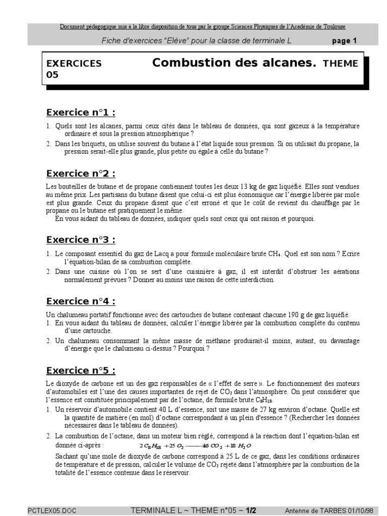 Exercices sur la combustion des alcanes | PDF | Méthane | Propane