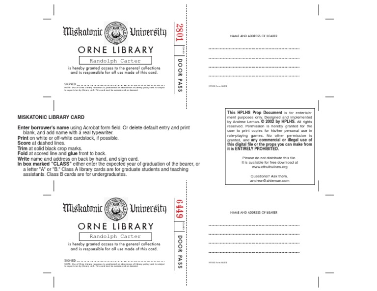 1920 - Miskatonic University Library Card | PDF | Sports & Recreation ...