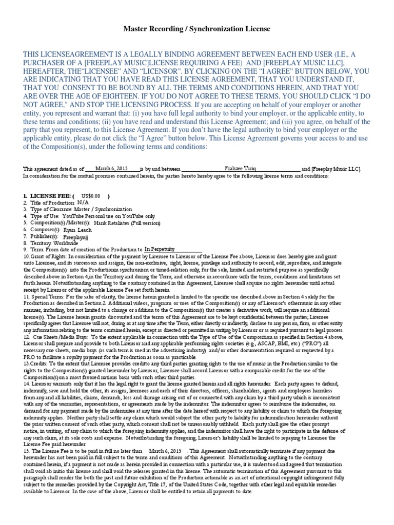 Master Recording / Synchronization License PDF License Indemnity