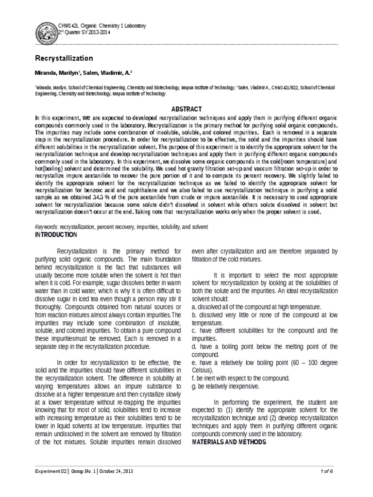 Final Report Experiment 2 PDF Solubility Filtration