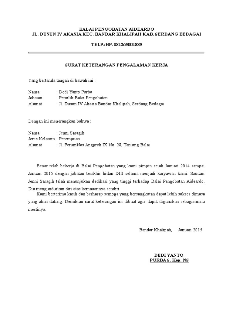 Surat Pengalaman Kerja Di Klinik | PDF