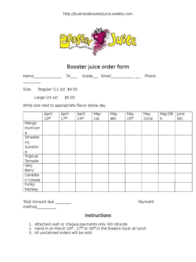 Booster Juice Order Form 2023 | PDF