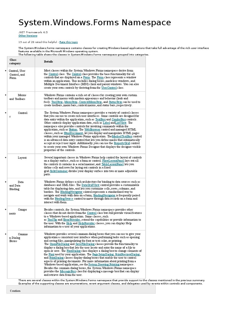 System Windows.Forms Namespace Class Category Details PDF Class