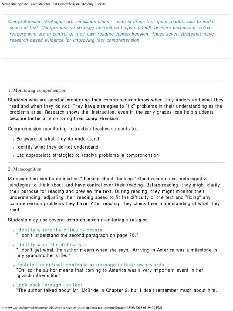 Seven Strategies to Teach Students Text Comprehension _ Reading Rockets