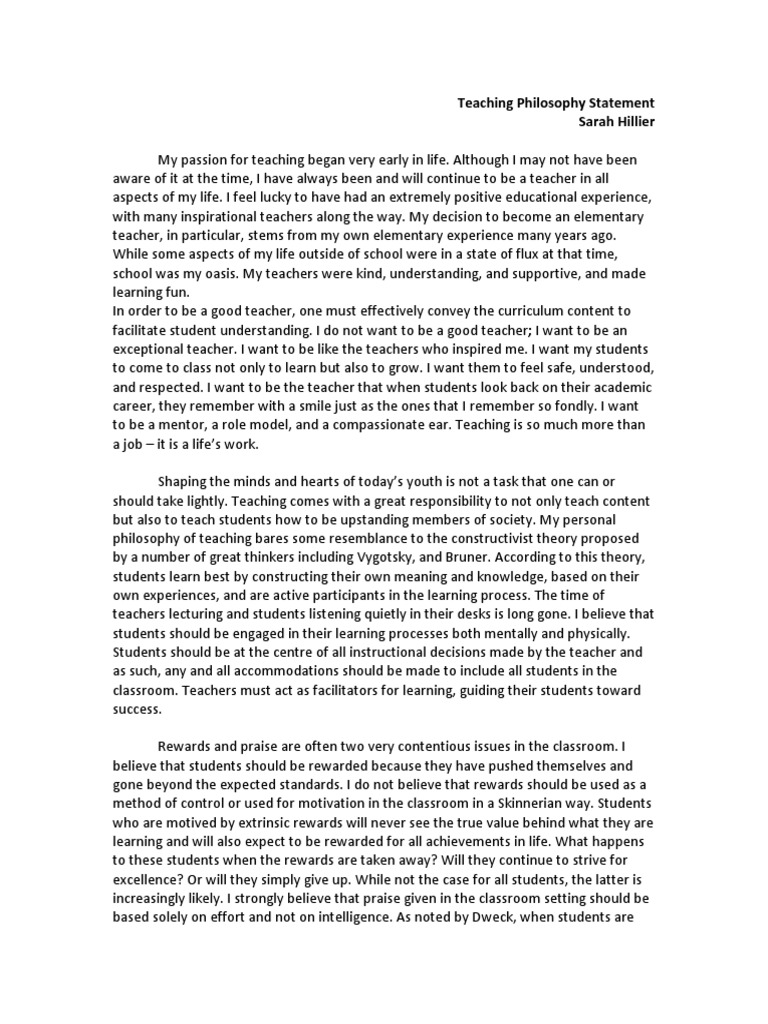 Sarah Hillier's Teaching Philosophy | PDF | Classroom | Constructivism ...