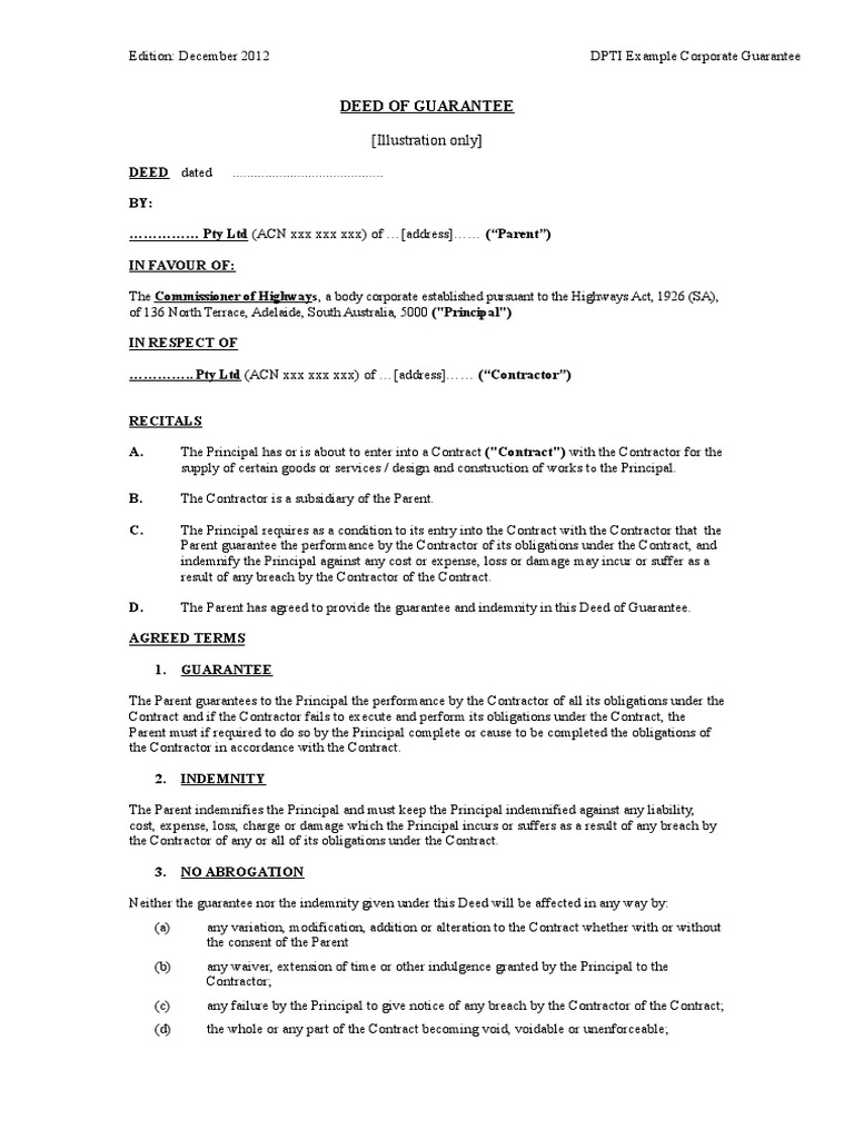 Example Corporate Guarantee Deed | PDF | Indemnity | Guarantee