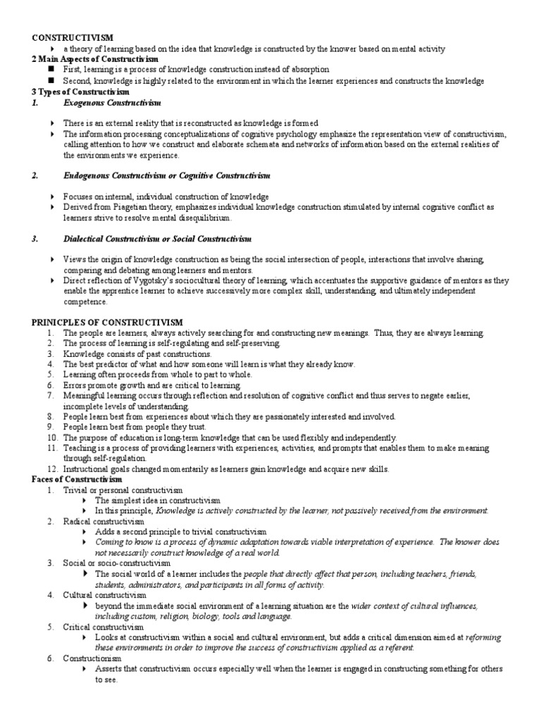 Exogenous Constructivism Constructivism 2 Main Aspects Of