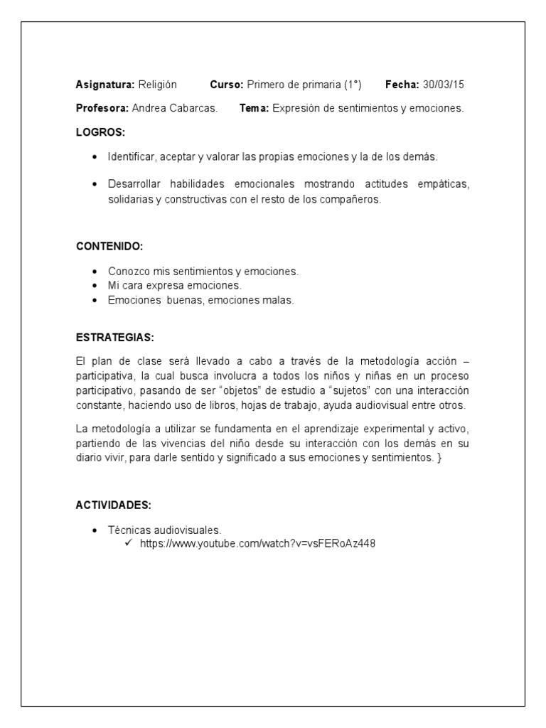 Plan de Clase: Emociones en Niños | PDF | Las emociones | Aprendizaje