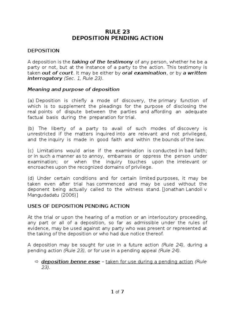 Rule 23 Deposition Pending Action PDF Deposition (Law) Discovery