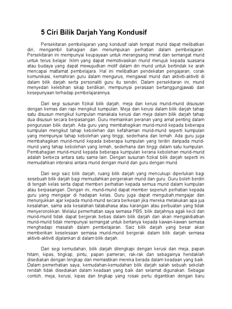 5 Ciri Bilik Darjah Yang Kondusif Pdf