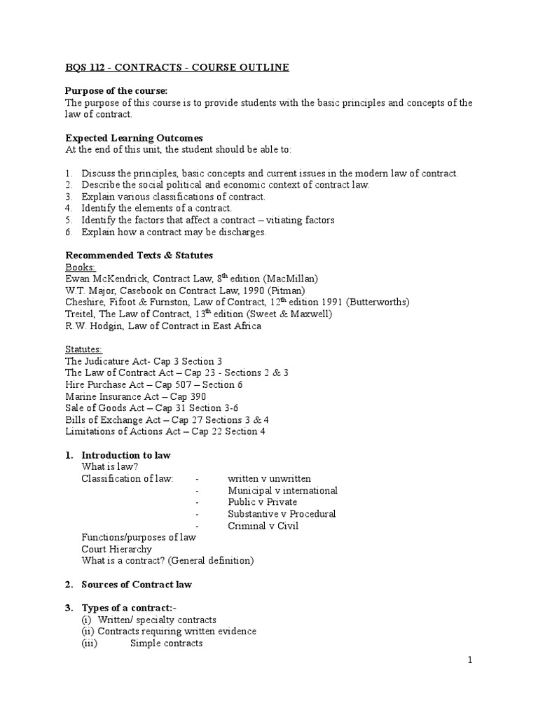 Contracts Law Course Outline | PDF | Offer And Acceptance | English Law