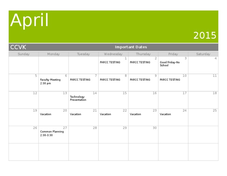 April 2015 CCVK School Events Calendar | PDF | Holiday Or Vacation | Asia