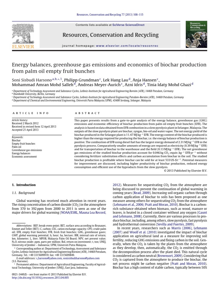 Biochar Production Technical, Environmental and Economics From Palm ...