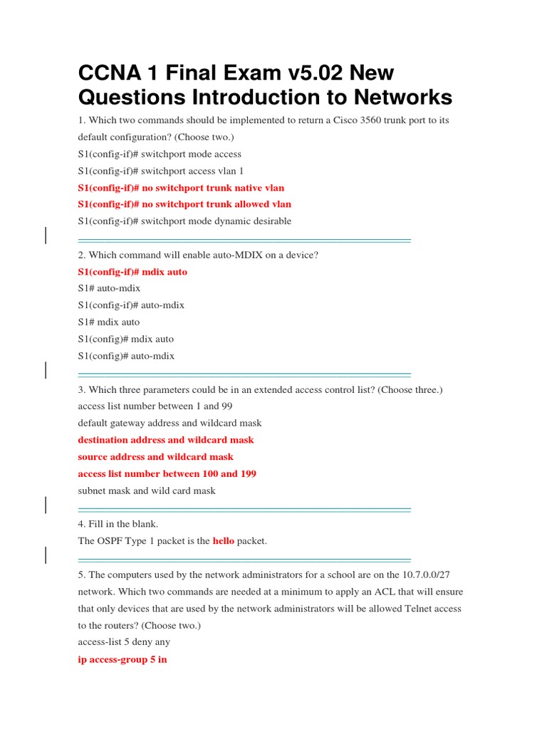 CCNA 1 Final Exam Questions and Answers | PDF | Network Switch | Duplex ...