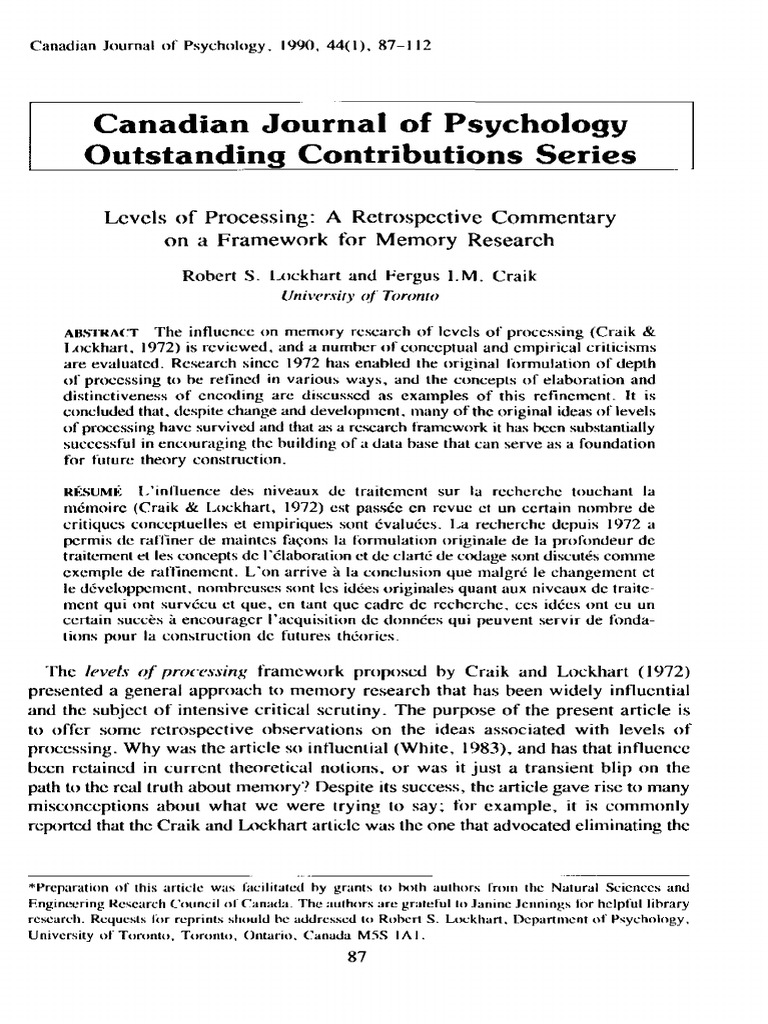 Craik Lockhart 1972 PDF Memory Recall (Memory)
