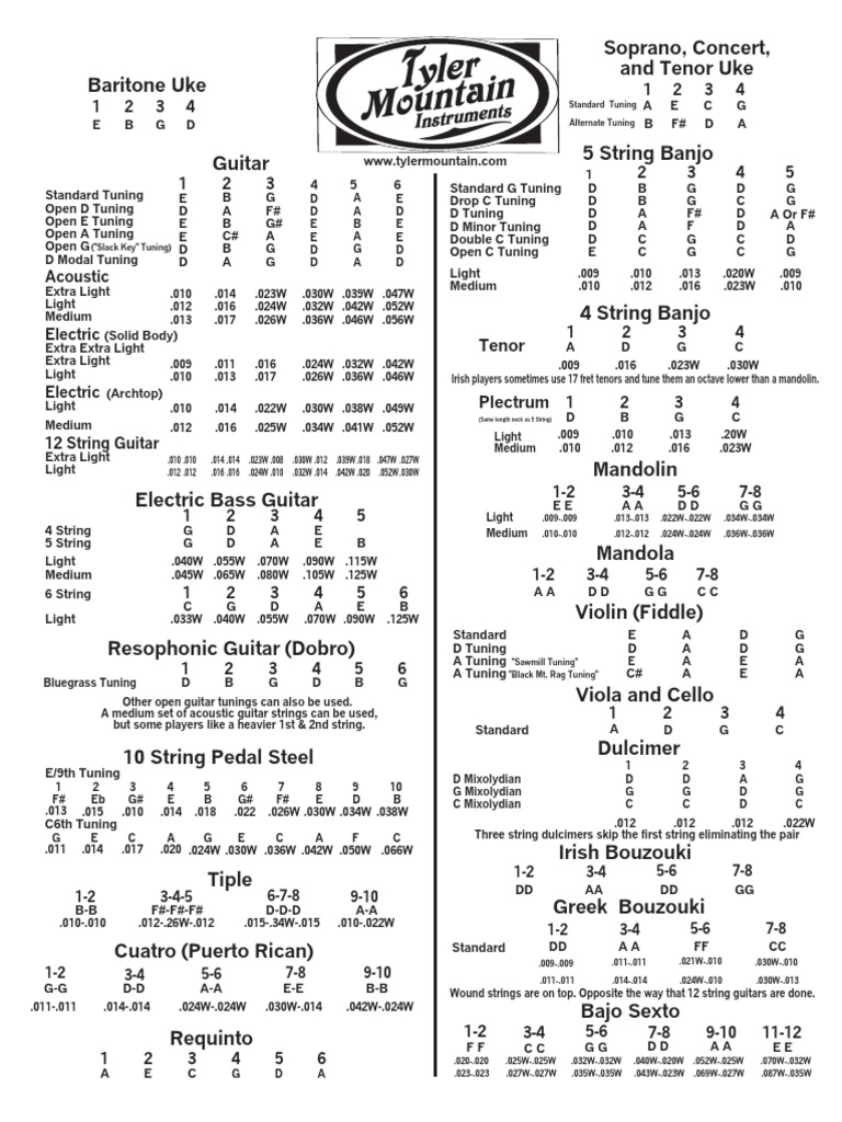 Instrument String Gauges and Tuning Chart Guitars Music Production