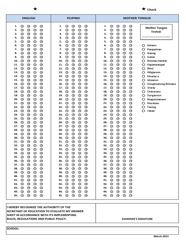 Grade 10 Answer Sheet