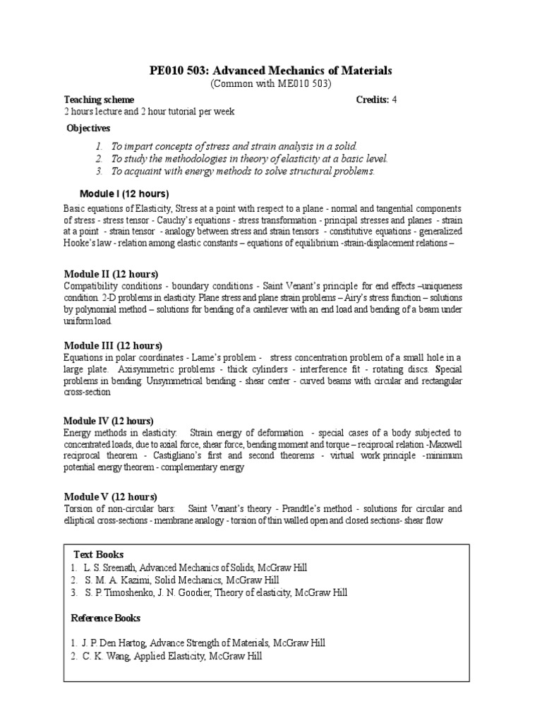 Advanced Mechanics of Materials Course | PDF | Stress (Mechanics) | Bending