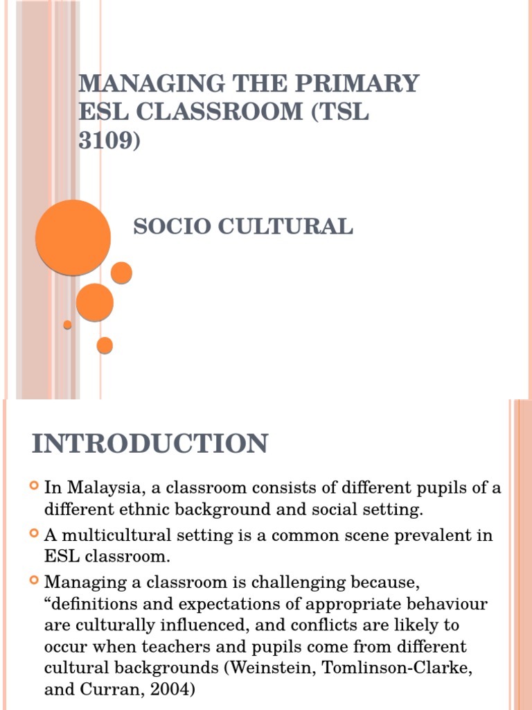 Managing The Primary Esl Classroom (TSL 3109) : Socio Cultural | PDF