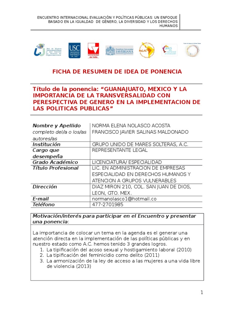 Ficha de Resumen de Idea de Ponencia - 09, 04. 2014 | PDF | Mujer ...