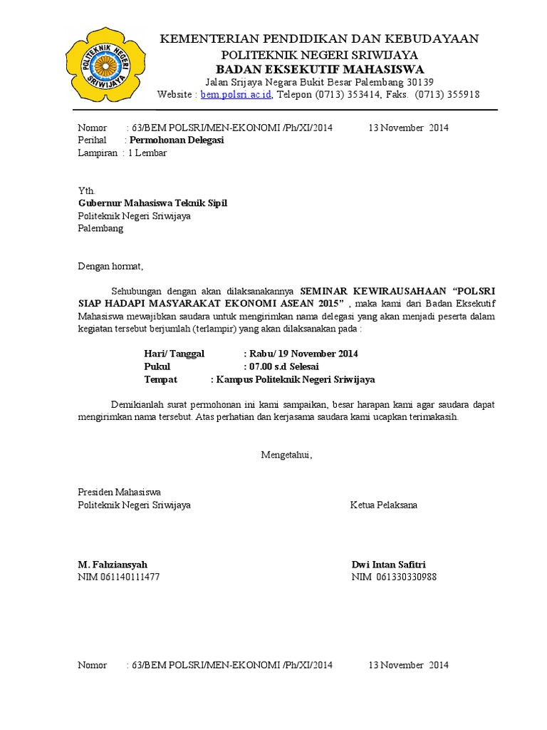 Surat Permohonan Delegasi Hmj