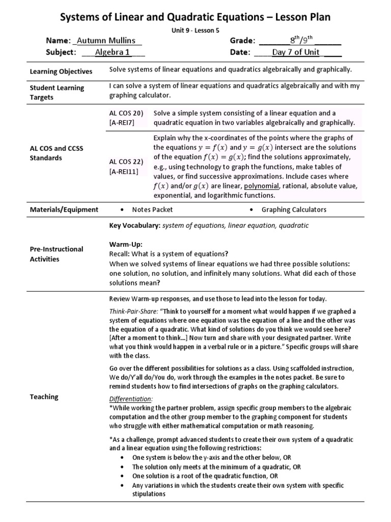 U9l5 - Systems of Linear and Quadratic Equations Lesson Plan | PDF ...