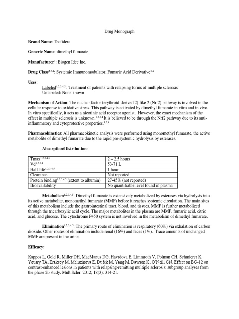 Tecfidera (Dimethyl Fumarate) Monograph | PDF | Multiple Sclerosis ...