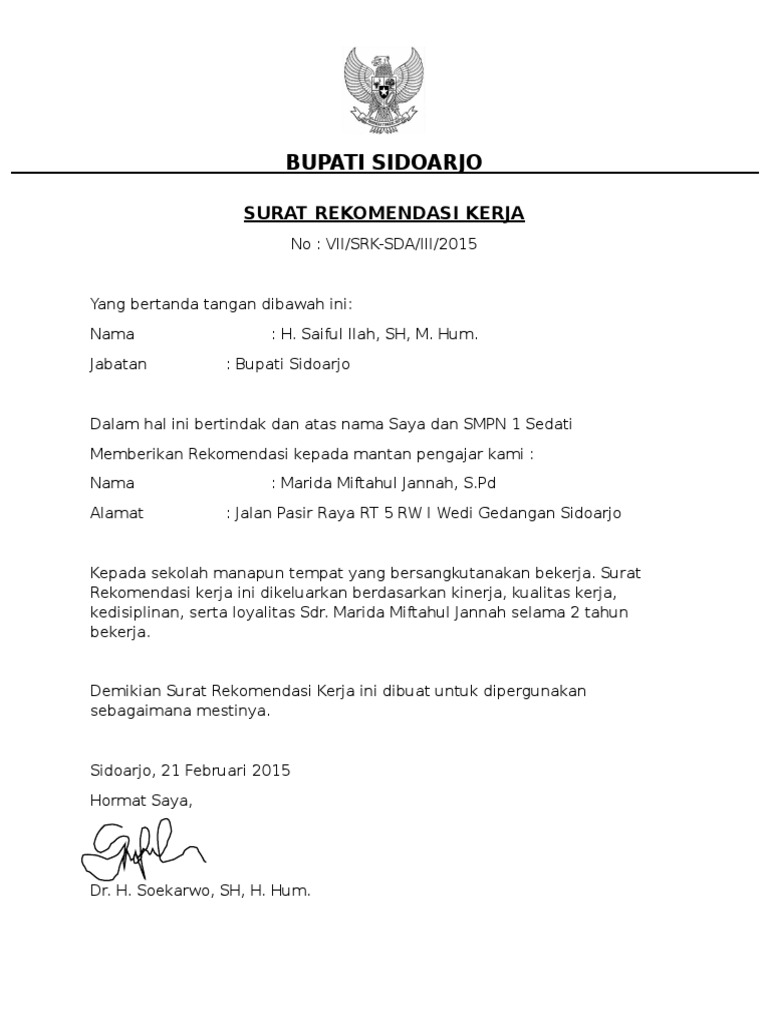  Contoh Surat Rekomendasi  Kerja Bupati