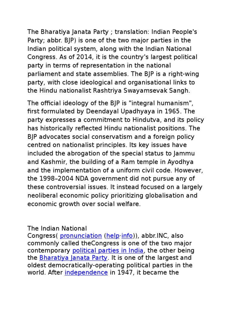 Political Party Bharatiya Janata Party Politics Of India