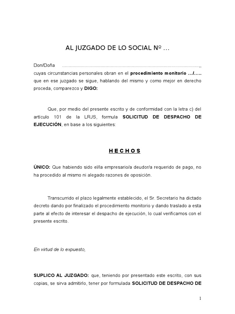 Solicitud De Despacho De Ejecución Procedimiento Monitorio Pdf