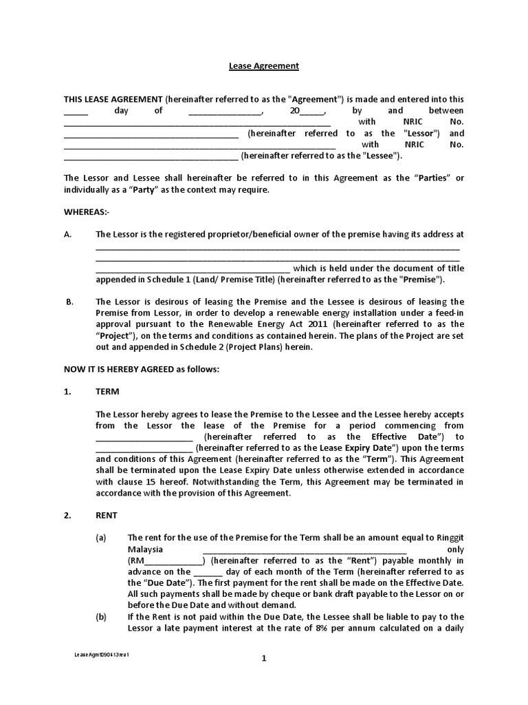 Sample of Lease Agreement in Malaysia Lease Property