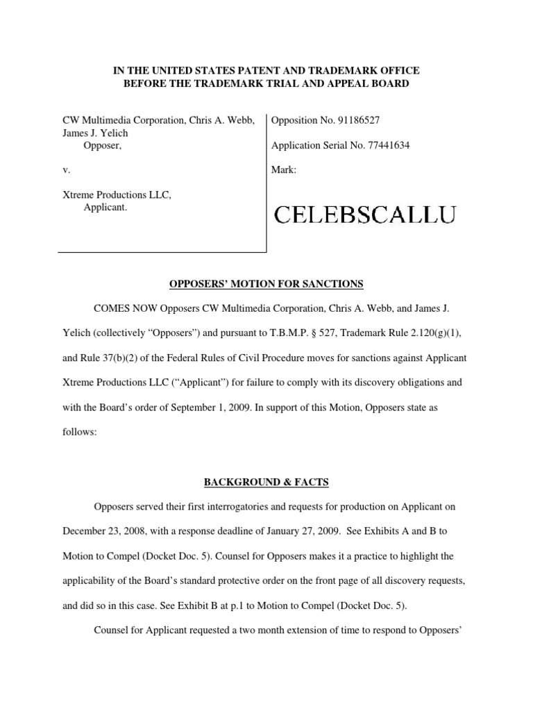 Sample Motion for Sanctions (TTAB) Motion To Compel Discovery (Law)