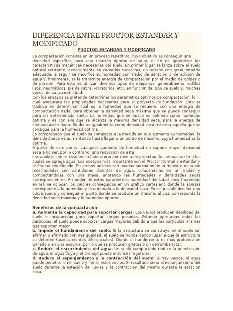 Diferencia Entre Proctor Estandar y Modificado PDF Suelo Densidad