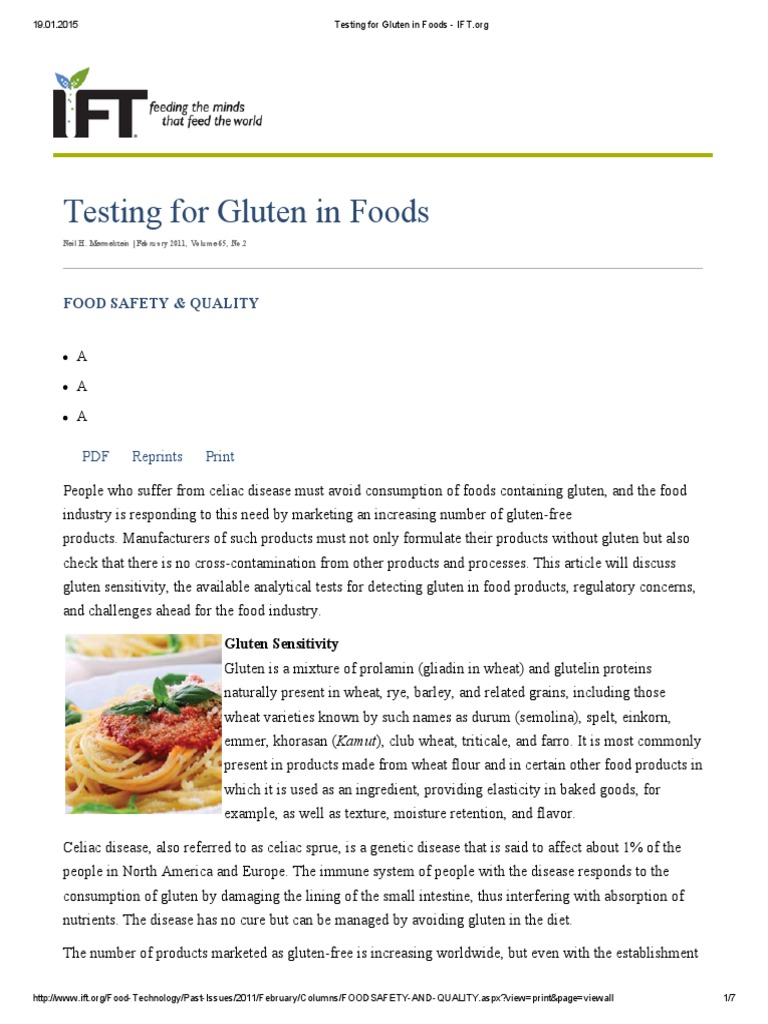 Testing for Gluten in Foods IfT Gluten Gluten Free Diet