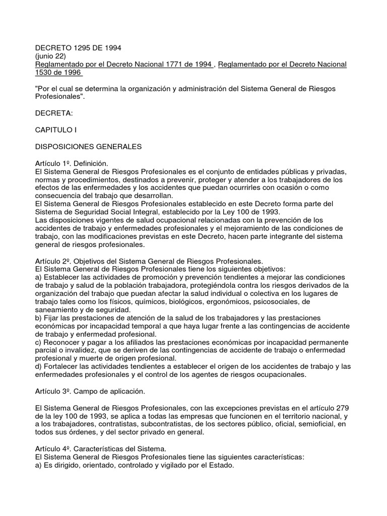Decreto 1295 de 1994: Riesgos Profesionales | PDF | Seguridad y salud ...