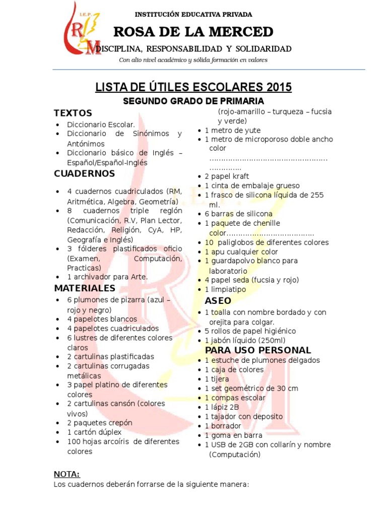 Lista de Útiles 2015 4to Grado Papel Verde
