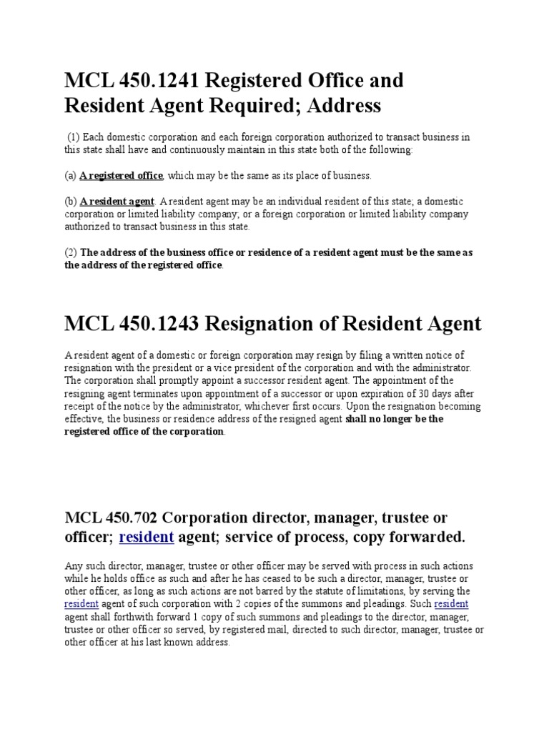 Michigan Resident Agent Requirements | PDF | Corporations | Service Of ...