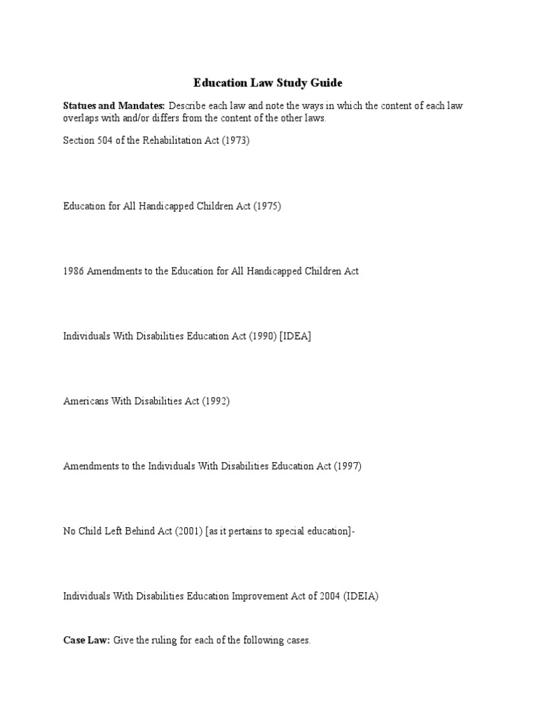 Education Law Study Guide Statues and Mandates Describe Each Law and