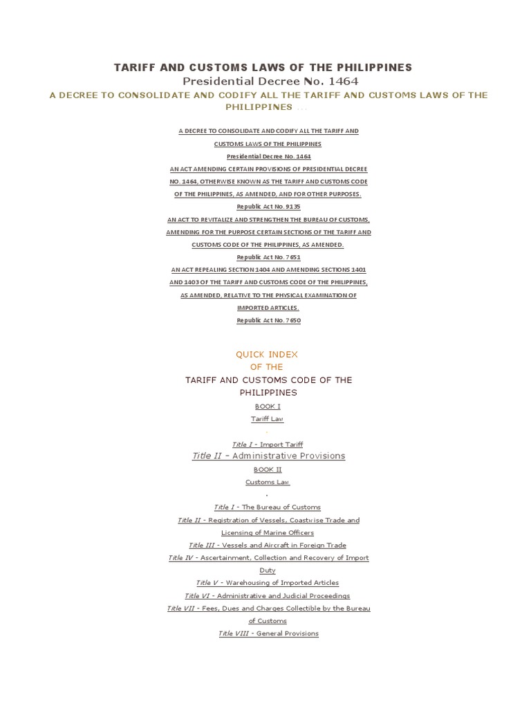 Tariff and Customs Laws of the Philippines Tariff Taxes