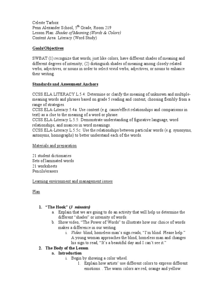 worksheet Shades Of Meaning Worksheets lesson plan shades of meaning color