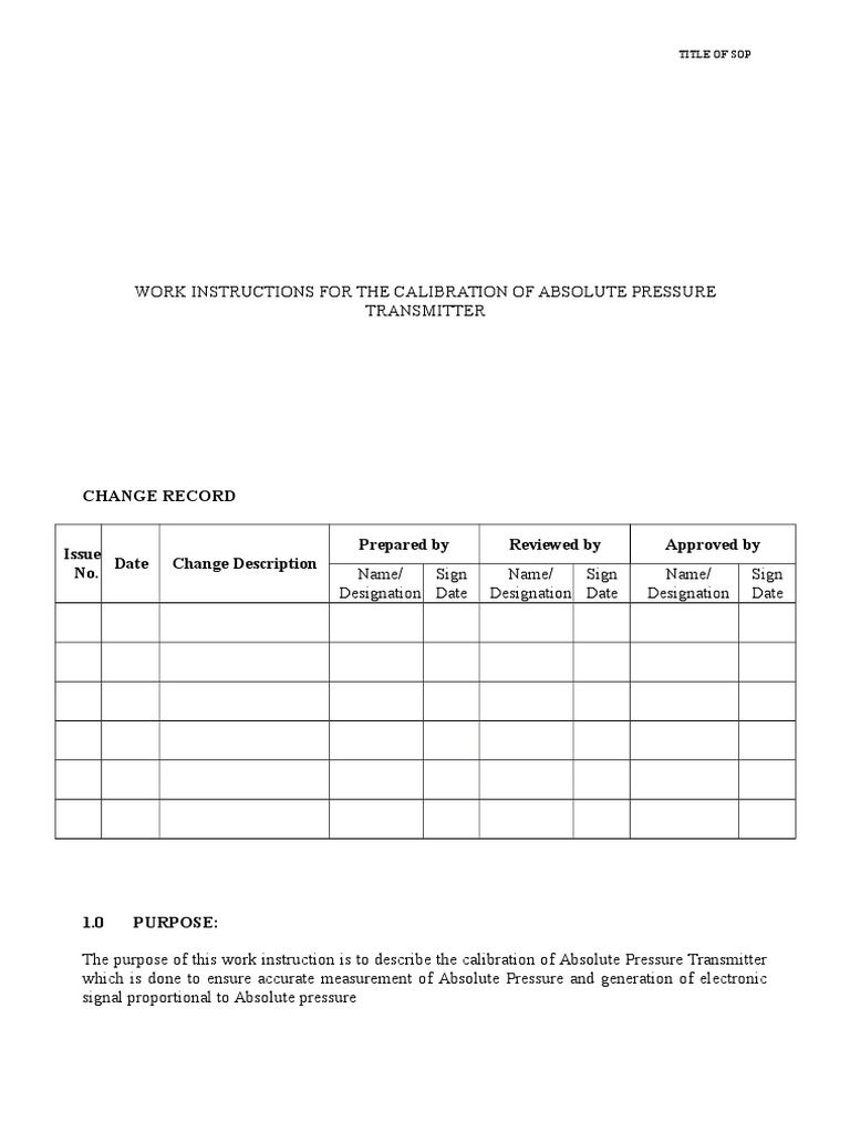 Calibration of Absolute Pressure Transmitter Calibration Pressure